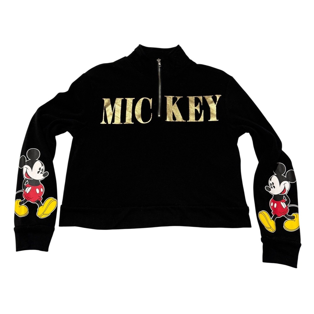 Disney Mickey Mouse Sweatshirt Quarter Zip Black Gold Cropped Womens M Disneyana